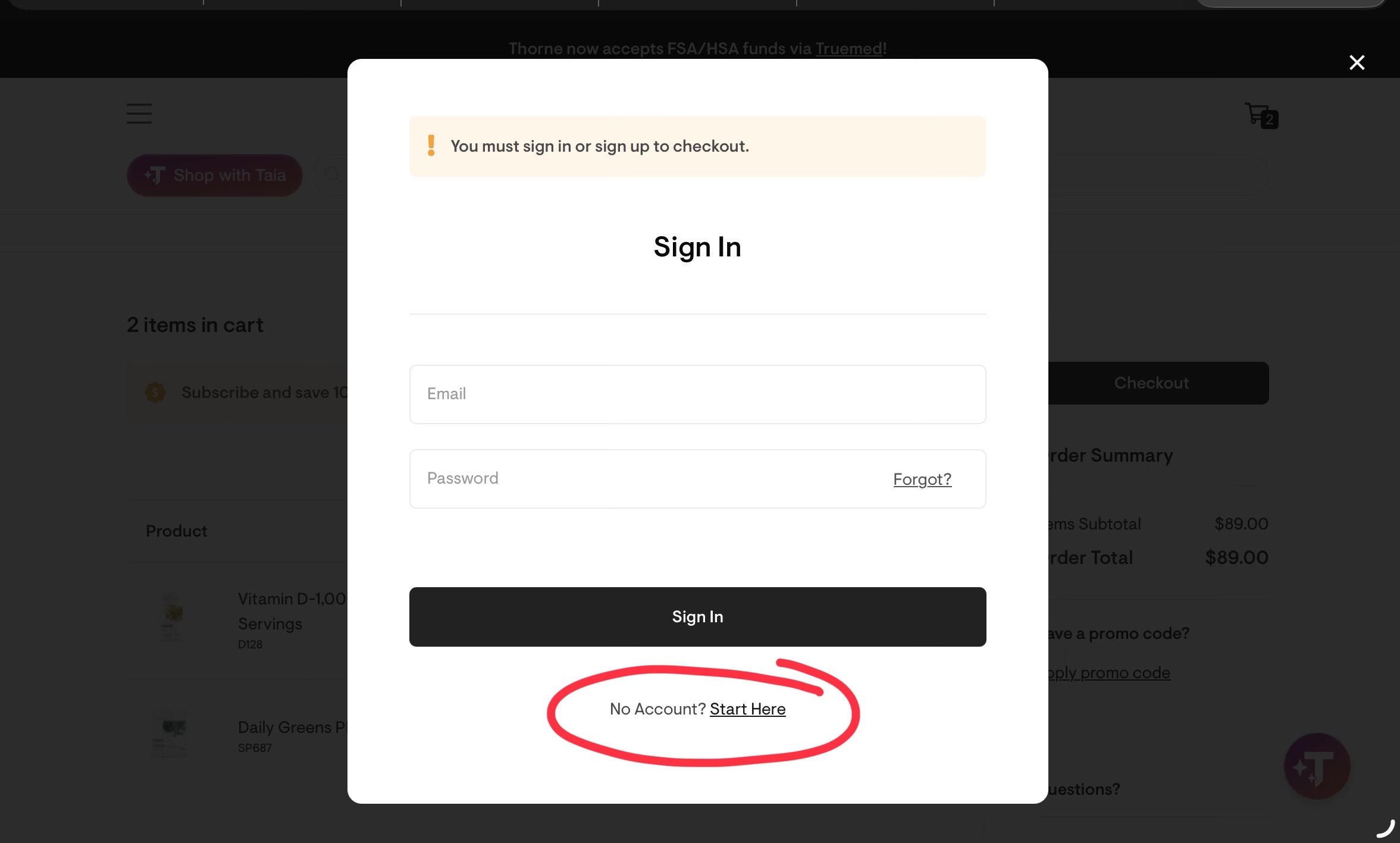 Create new account checkout